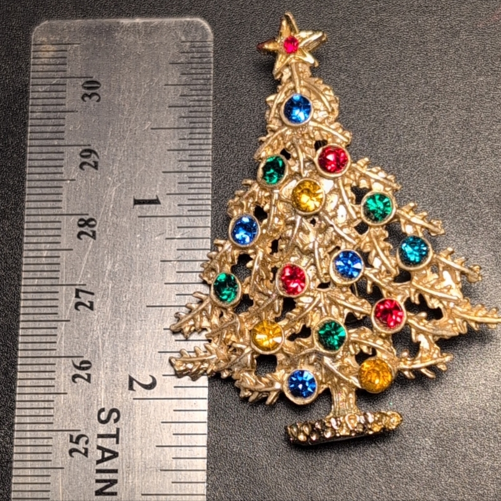 Gold Christmas Tree Brooch with Multicolor Accents
